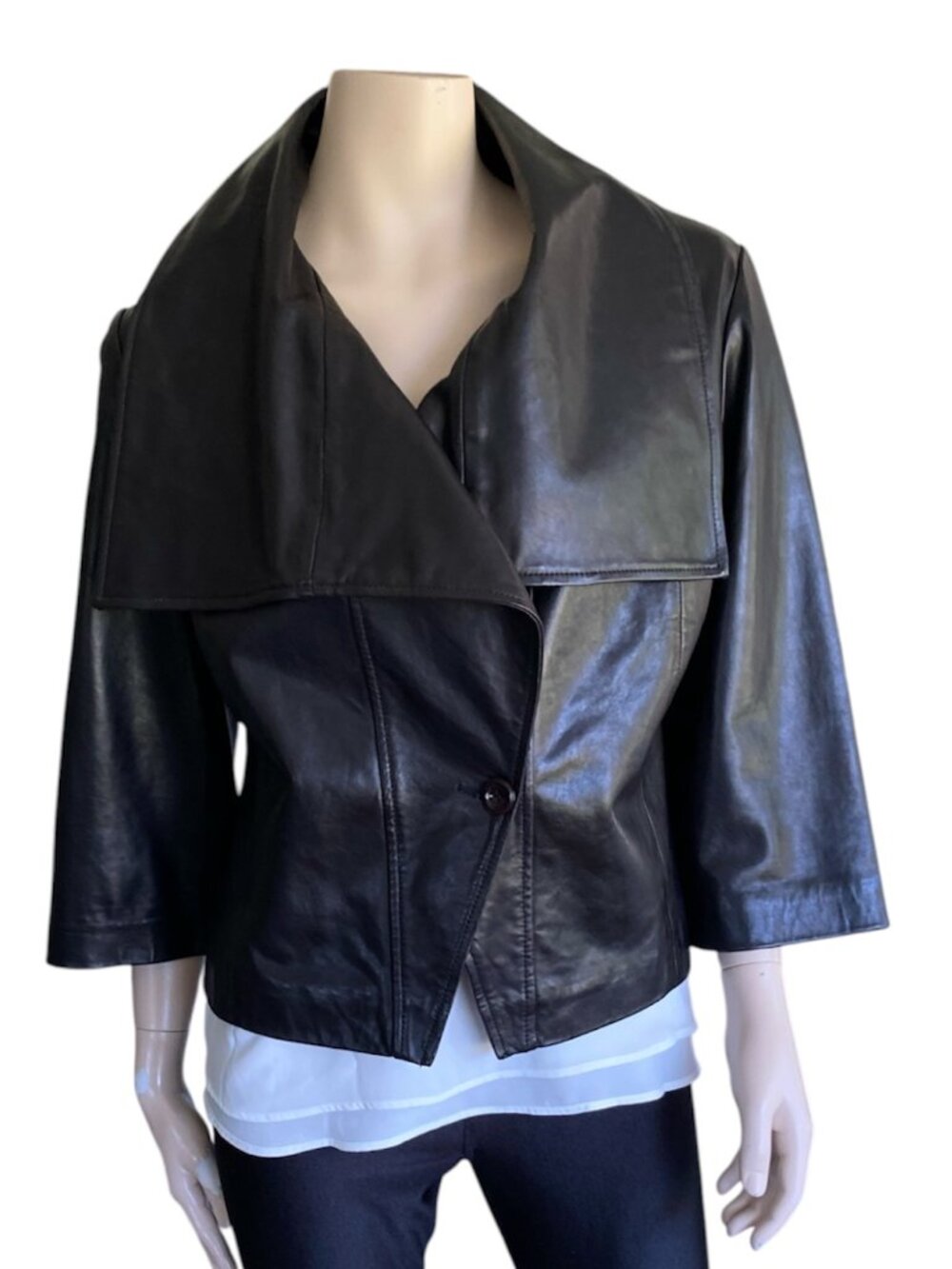 Marc A Dolci Black Leather Jacket Wide Collar 3/4 Sleeve Asymmetrical Sz L